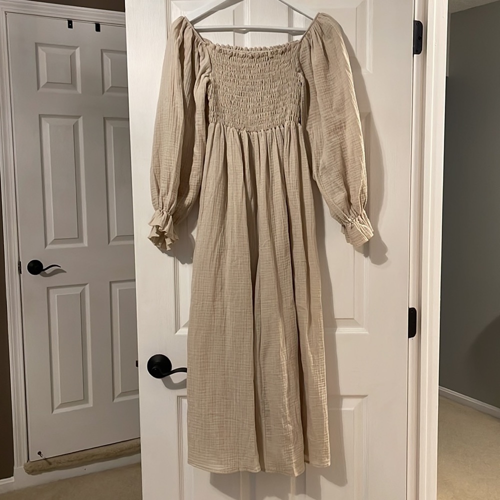 Beige Gauze Smocked Maternity Midi Dress
